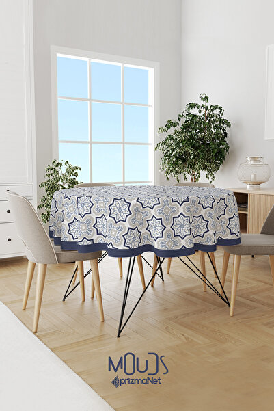 Moud's Navy Blue Smoked Ornament Islamic Patterned Suede Fabric Care Free Rou...