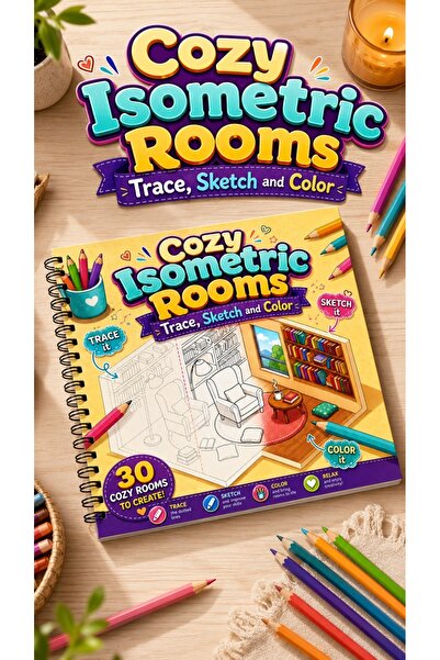 Pink Swan Craft Cozy Isometric Rooms Boyama Kitabı Trace Sketch Color 30 Görs...
