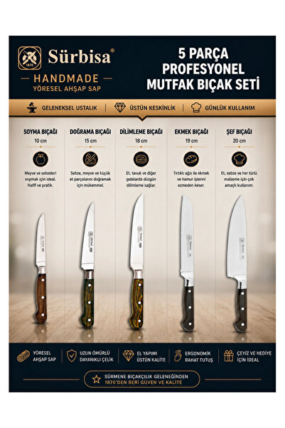Sürbisa Handmade Yöresel Ahşap Sap Günlük Mutfak Bıçak Seti 5 Parça | Soyma, ...