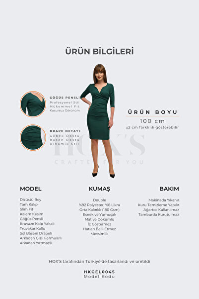 HOX'S Anna | Dizüstü Slim Fit Kalem Elbise Kruvaze Yaka Truvakar Kol - Yeşil