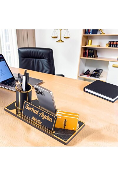 Ofistike Lora Gold Renk Ahşap Masa Organizeri Mermer Desenli Hediye Ofis Deko...