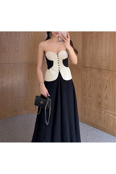 Şen butik Siyah Pliseli Düğmeli Korse Bluz Büstiyer