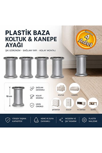 Safran Mobilya Kanepe Baza Koltuk Ayağı Gri Plastik 10 cm (4 Adet)