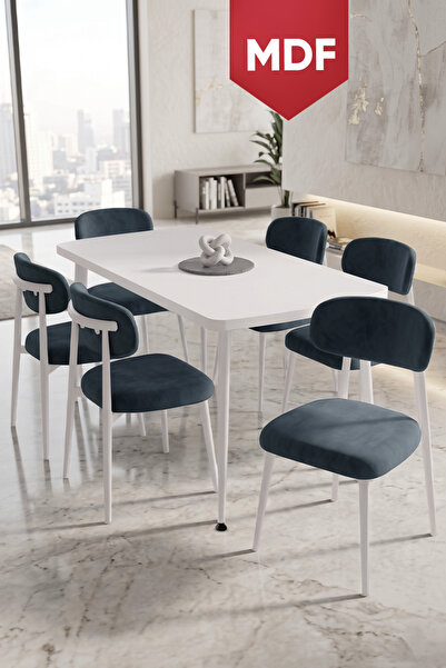 Canisa Runes Serisi MDF Sabit 80x130 Beyaz Mutfak Masası Takımı 6 Antrasit Sa...