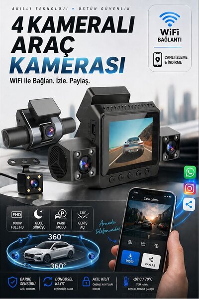 Zineets 360 4 Kameralı Wifi 1080p Araç içi Lcd Ekranlı Gece Görüşlü G-sensör ...