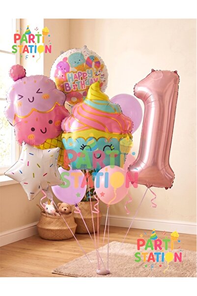 Parti Station Cupcake Dondurma 1 Yaş Balon Set Şeker Dondurma Candy Balon İce...