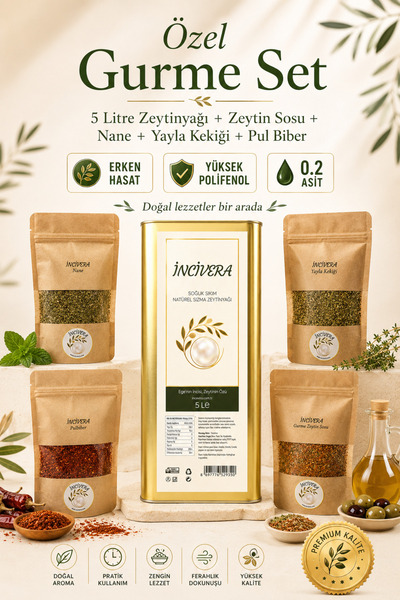 İncivera Gurme Seti | 5 L Erken Hasat Soğuk Sıkım Zeytinyağı + 4’lü Baharat & Sos Paketi