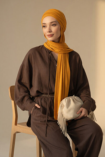 Aisha's Design Penye Boneli Hazır Penye Kapşon Şal İkili Takım,PS-57,Hardal