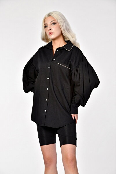 Moda1001 Oversize kroj Crna košulja - poklopac za čišćenje na crnom vrhu u ve...