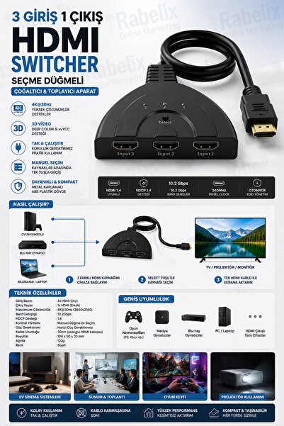 Rabelix Online Marketing 4k Hdmi Switch Çoklayıcı Çoğaltıcı 3 Port Ultra Hd 3...