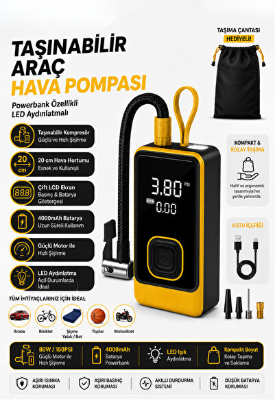 Yussraw AUHMA 9911 Hava Kompresörü 4000 mAh 4IN1 Şarjlı+Araç Taşınabilir Araç...