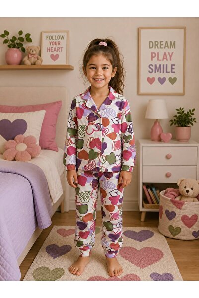Pajama Shop Devojčički set od 100% pamuk delova, ecru boje, sa srcima, Sa dez...