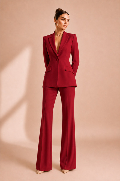 PEARL Bordo Blazer Ceket Flare Pantolon Takım – Kadın Yüksek Bel Şık Ofis Tak...