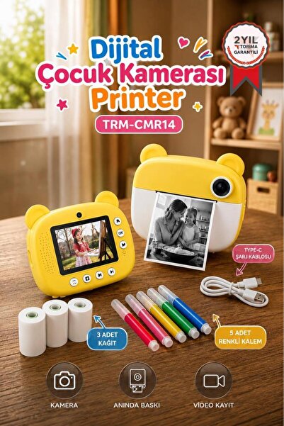 Torima Dijital Fotoğraf Makinesi Çocuk Termal Resim Kağıt Baskılı Yazıcı Kamera Makinesi CMR14 Sarı
