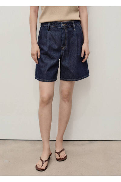 MANGO Woman Orta bel pileli denim bermuda şort