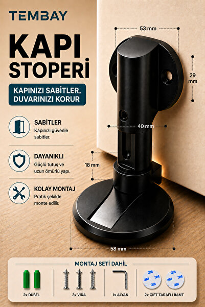 TEMBAY SİYAH Mıknatıslı Metal Kapı Stoperi Akılı Kapı Tamponu Yapışkanlı Kapı...