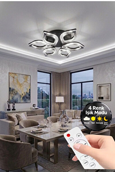 Lumia Lighting Yonca Model Siyah Kumandalı 6"lı Ledli 3 Renk Modu Kristal Sal...