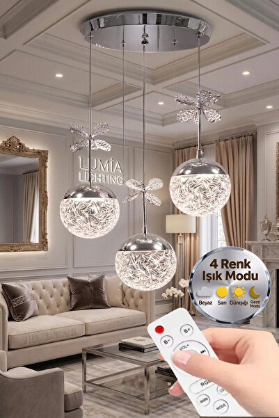 Lumia Lighting Küre Model 3'lü Gümüş Kumandalı 3 Renk Modu Ledli Kristal Taşl...