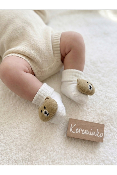 Kereminko Bebek Baby Socks with Teddy Bear Accessories, Suitable for 0-6 Months.