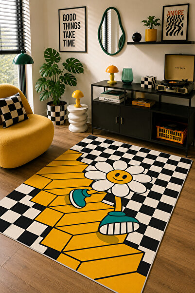 Pelura Halı Pinterest Papatya Figürlü Baskılı Kaymaz Yıkanabilir Salon Oturma...