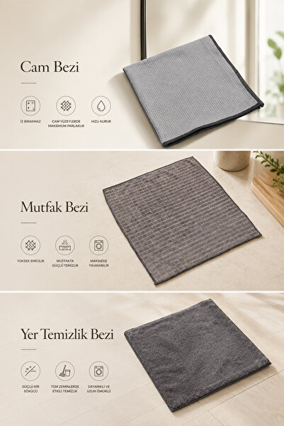 Miss Clean ( 3 Adet ) Temizlik Başlangıç Seti Cam Bezi , Mutfak Bezi , Yer Temizlik Bezi 40 *40 Cm