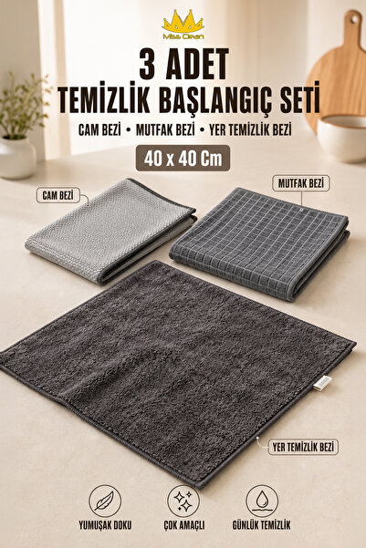 Miss Clean ( 3 Adet ) Temizlik Başlangıç Seti Cam Bezi , Mutfak Bezi , Yer Te...