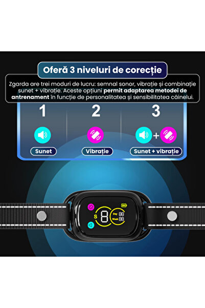 FAMIFY Zgarda antilatrat caini fara soc, beep si vibratie, 5 nivele, waterproof IPX7, negru