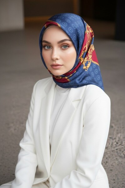 Vissona وشاح حريري 100% بنقشة مونوغرام وباروكية بلون نيلي - عنابي، مقاس 90×90...