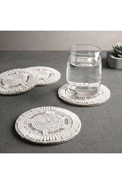 PAN HOME Gilded 4piece Beaded Coaster Set Dia10cm - White
