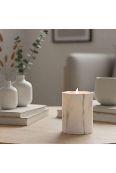 PAN HOME Marbella Led Marbled Pillar Candle Dia7.8x10cm - White