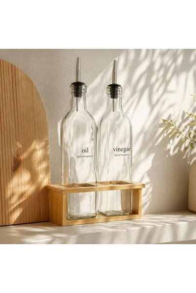 PAN HOME Mio 2-piece Oil & Vinegar Bottle With Bamboo Stand 500ml -clear
