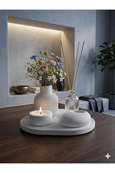 aymumi home Dekoratif 5li Set Mum Çizgili Vazo Tealight mumluk ve Oda Kokusu Seti