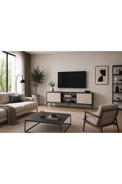 BYCİNO NAPOLİ 130 CM 2 KAPAKLI RAFLI TRAVERTEN DESENLİ MODERN TASARIM TV ÜNİTESİ