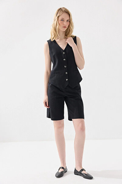 Gusto Fleto Pocketed Linen Vest - Black