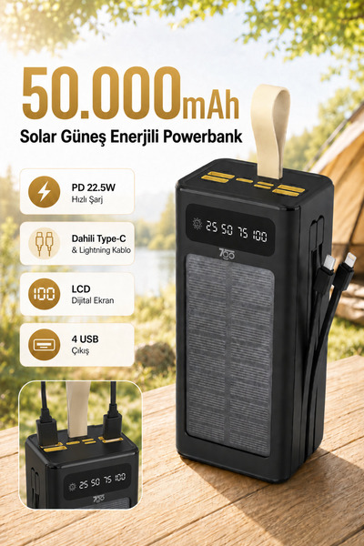 7GO GPW-01 50.000 mAh Solar Powerbank – 22.5 W Hızlı Şarj, Dahili Kablolu, LE...