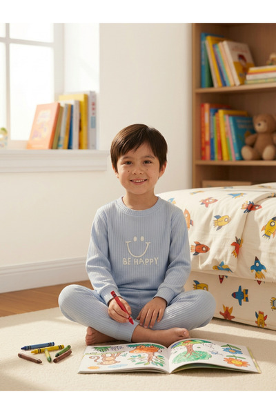 Minidamla Smiling Face Printed Pajama Set for 1-7 Years Old - Blue