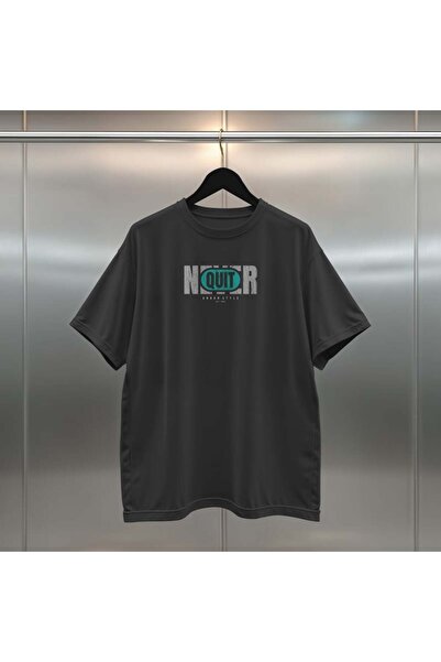 buzagi tasarım ürünleri Never Quit Digital Print Black and White Oversize Uni...