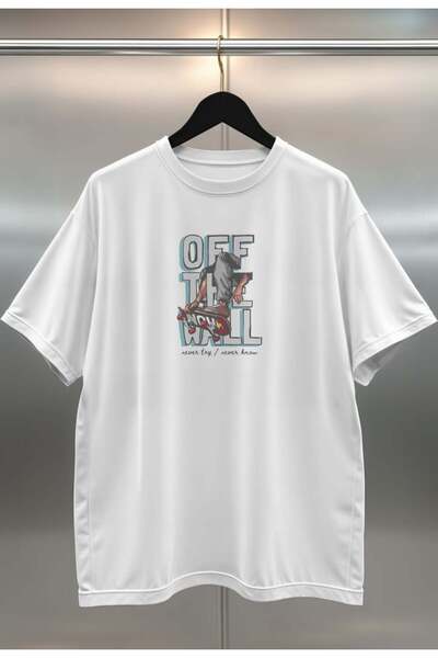 buzagi tasarım ürünleri Off the Wall Digital Print Oversize Unisex White T-Shirt