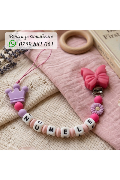 OEM Lantisor pentru suzeta, personalizat cu numele bebelusului, Fluture