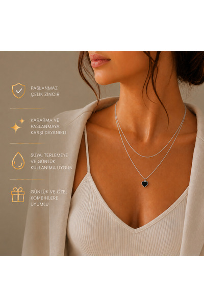Liora De Mar Çift Çelik Zincirli Kalp Detaylı Choker Kolye