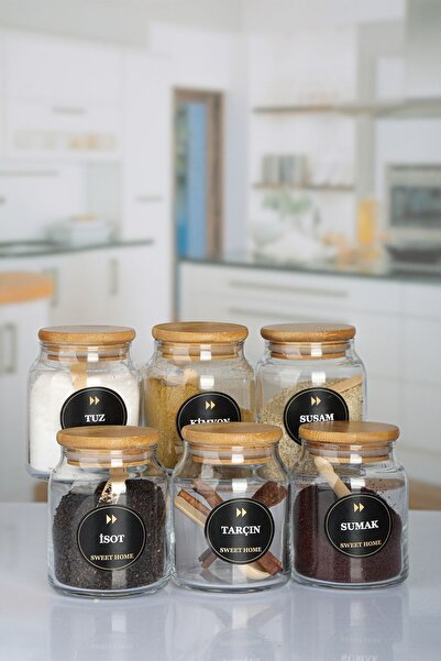 NYL HOME 6'lı Bambu Kapaklı Baharatlık Seti - Etiketli Kaşıklı 300 ml Çerez E...
