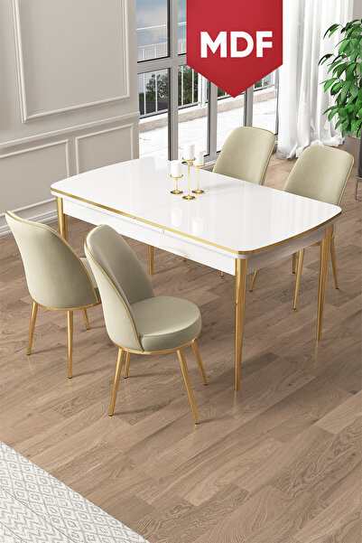 Canisa Pale Serisi 80x132 MDF Açılabilir Beyaz Mutfak Masa Takımı 4 Krem Sand...