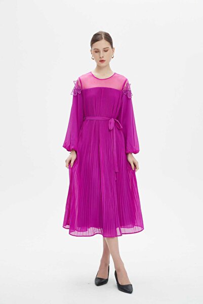 Nichii Women's Long Sleeve Midi Dress with Fitted Pleats