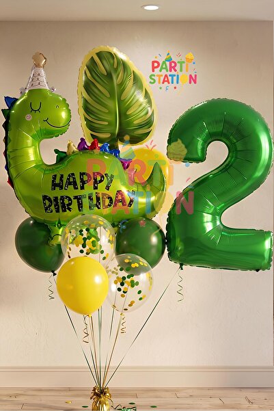 Parti Station Yeşil Dinozor Konsept 2 Yaş Balon Set Jurassic Dinozor Tema Doğ...