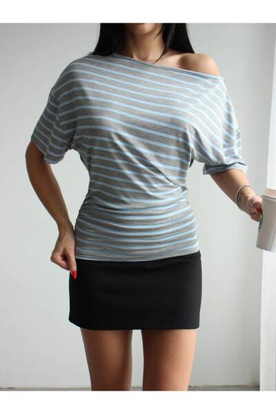 CrepTekstil Tricou Crep pentru femei, cu dungi albastre, cu gât barcă, cu det...