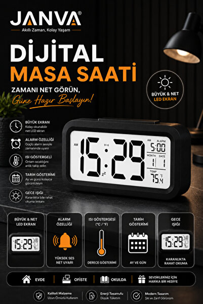 Janva Karanlık Sensörlü Dijital Masa Saati Fotoselli Alarmlı Termometreli Der...