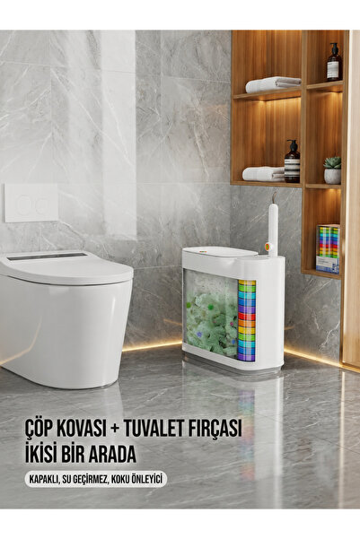 MOVA Kartuşlu Tuvalet Fırçası ve Çöp Kovası Seti 2'si 1 Arada | Dokunmatik Ka...