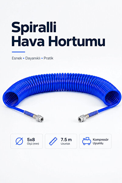 Badem10 Spiralli Hava Hortumu 5x8 mm 7.5 Metre Kompresör Uyumlu Basınçlı Sana...