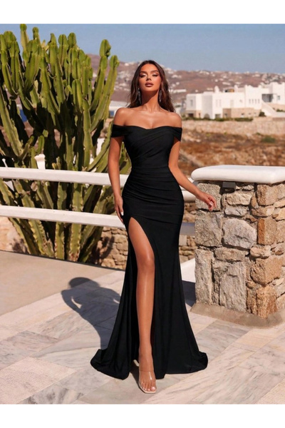 Butik فستان ماكسي نسائي بفتحة عميقة وتفاصيل درابيه غير متماثلة وياقة منخفضة ع...