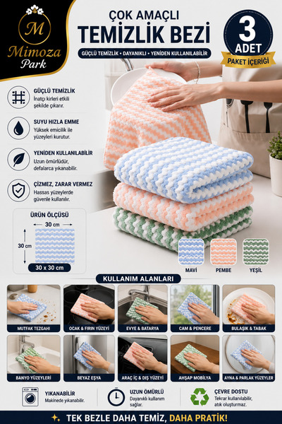 MİMOZA PARK 3 Adet Mikrofiber Temizlik Bezi Mercan Kadife Bulaşık Havluları M...